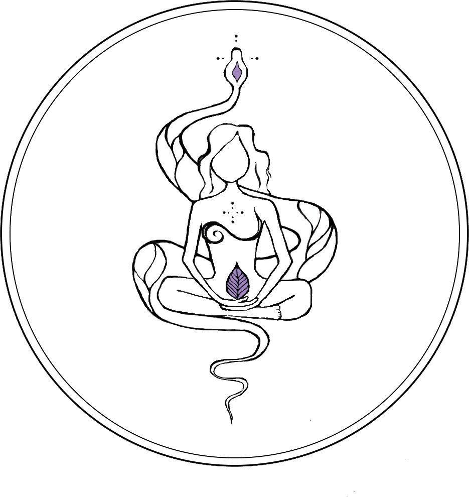 Laryssa Luzz Yoga Logo - Figura em meditação com cobra e folha lilás
